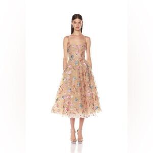 NWOT BRONX AND BANCO Mademoiselle Embroidered Gold Multi Floral Midi Dress